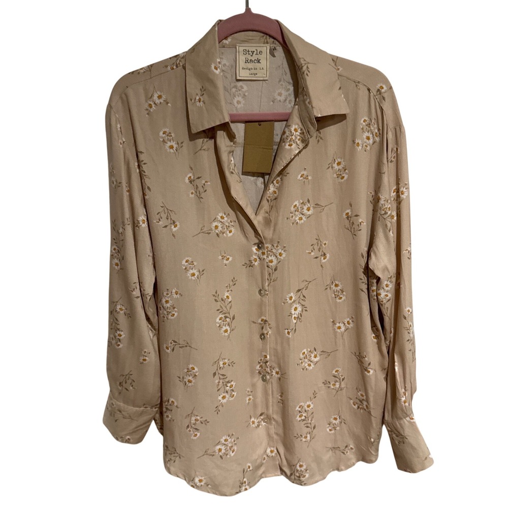 Style Rack Woman's L Tan Floral Daisy Button Down Blouse Long Sleeve Cottagecore